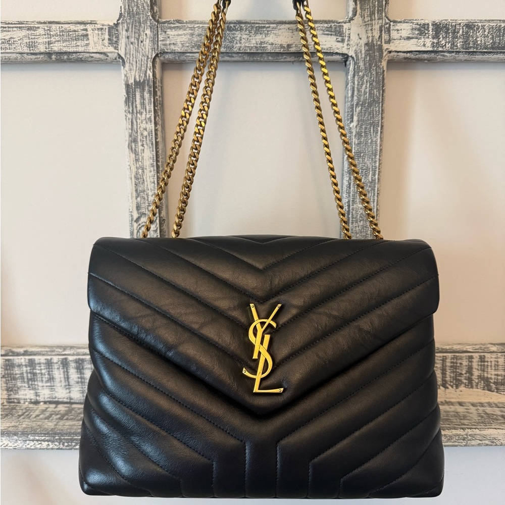 Yves Saint Laurent Black Chevron Shoulder Bag with Gold Accents